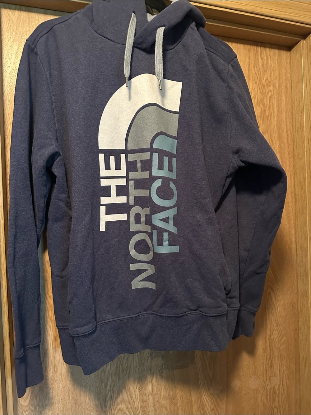 Men’s The North Face Navy Pullover Hoodie with Light Gray and Pale Blue Logo